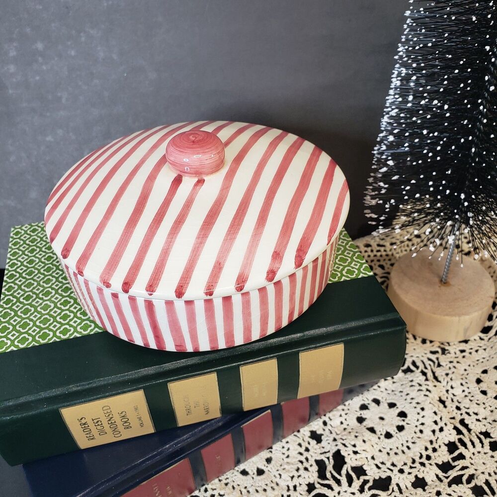 Vintage MCM Red and White Stripe Ceramic Lidded Dresser Jar Candy Dish